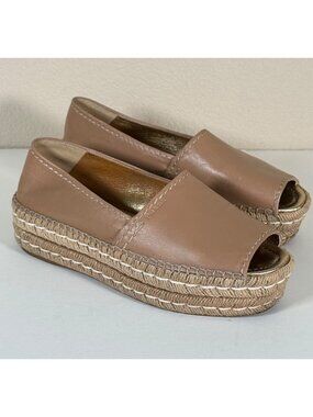 PRADA Women's Napa Leather Peep Toe Platform Espadrilles Naturale Tan